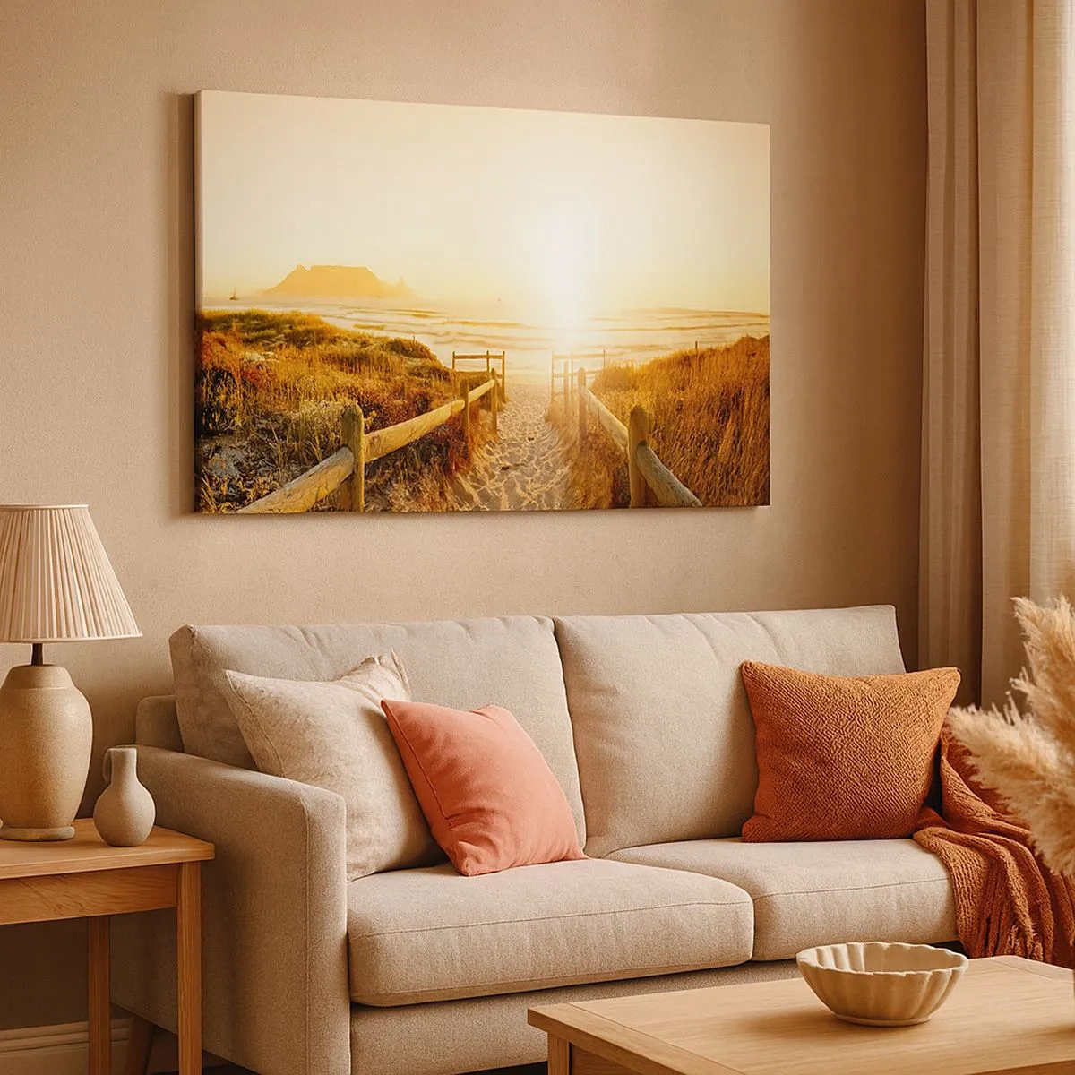 Impression sur toile - Image sur toile - Chemin vers la plage pendant un coucher de soleil doré - 70x50cm - A travers la dune, vers le soleil - Décoration murale moderne pour le salon et la chambre ARTTOR