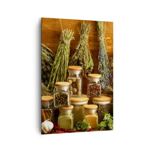 Impression sur toile - Image sur toile - Herbes et épices en pots sur fond rustique - 70x100cm - Sortilèges de cuisine - Décoration murale moderne pour le salon et la chambre ARTTOR