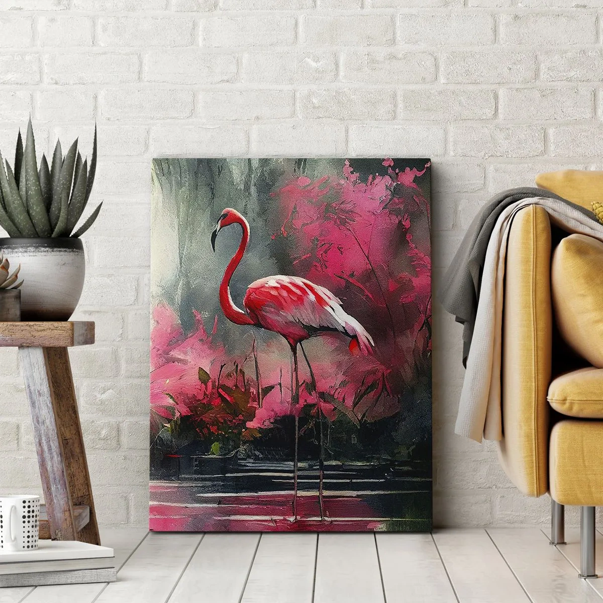 Impression sur toile - Image sur toile - Flamants roses au bord de l'eau entourés de végétation - 80x120cm - Une leçon de grâce naturelle - Décoration murale moderne pour le salon et la chambre ARTTOR
