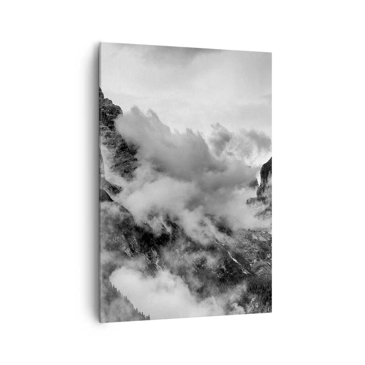Impression sur toile - Image sur toile - Vue en noir et blanc de montagnes entourées de nuages - 70x100cm - Belle et cruelle - Décoration murale moderne pour le salon et la chambre ARTTOR