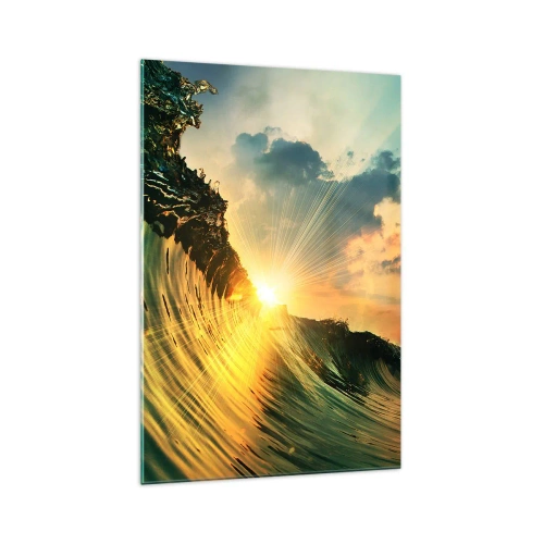 Impression sur verre - Image sur verre - Une vague avec le soleil couchant et les nuages illuminés - 70x100cm - Surfeur, où es-tu ? - Décoration murale moderne pour le salon et la chambre ARTTOR