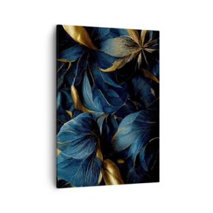 Impression sur toile - Image sur toile - Feuilles élégantes dans des tons dorés et bleu marine - 50x70cm - Des dessous dorés - Décoration murale moderne pour le salon et la chambre ARTTOR