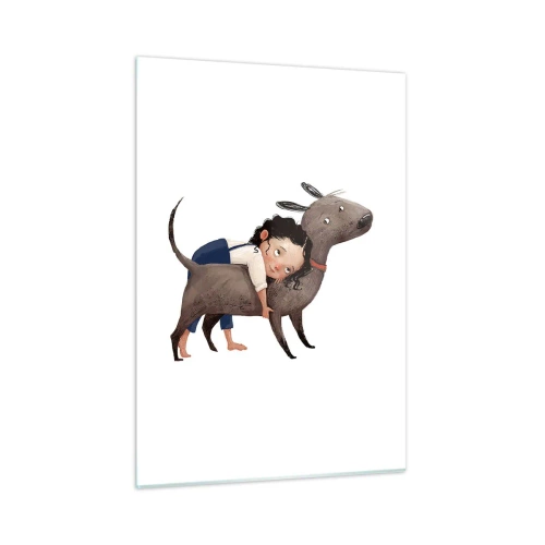 Impression sur verre - Image sur verre - Une fille serrant un gros chien dans ses bras sur un fond blanc - 50x70cm - Les meilleurs amis - Décoration murale moderne pour le salon et la chambre ARTTOR