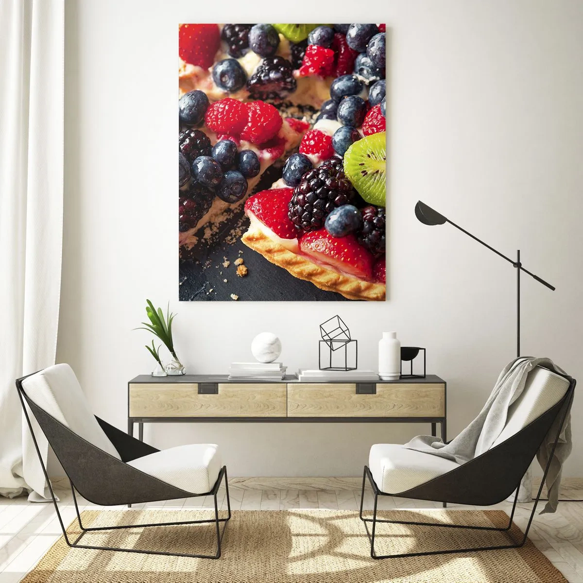 Impression sur verre - Image sur verre - Tarte aux fruits aux myrtilles, kiwi et fraises - 50x70cm - Dolce vita! - Décoration murale moderne pour le salon et la chambre ARTTOR