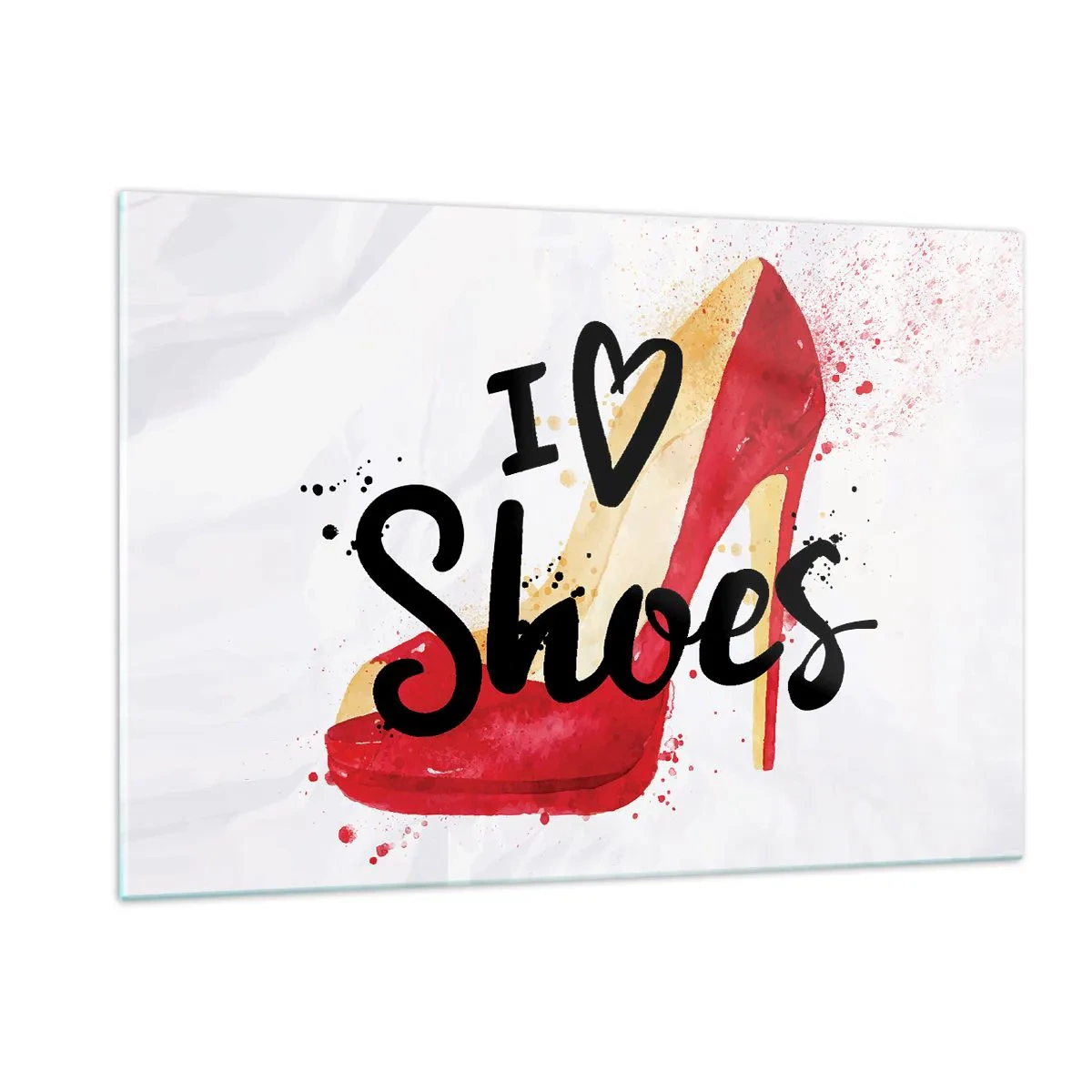 Impression sur verre - Image sur verre - Un talon haut rouge et les mots « J'aime les chaussures » sur un fond clair - 120x80cm - L'amour a plusieurs noms - Décoration murale moderne pour le salon et la chambre ARTTOR