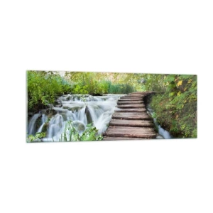 Impression sur verre - Image sur verre - Un pont en bois au-dessus d'une cascade entourée d'une forêt verdoyante. - 140x50cm - L'eau n'est pas si calme - Décoration murale moderne pour le salon et la chambre ARTTOR