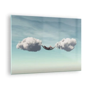 Impression sur verre - Image sur verre - Hamacs nuageux dans un ciel bleu - 70x50cm - Instant de bonheur - Décoration murale moderne pour le salon et la chambre ARTTOR