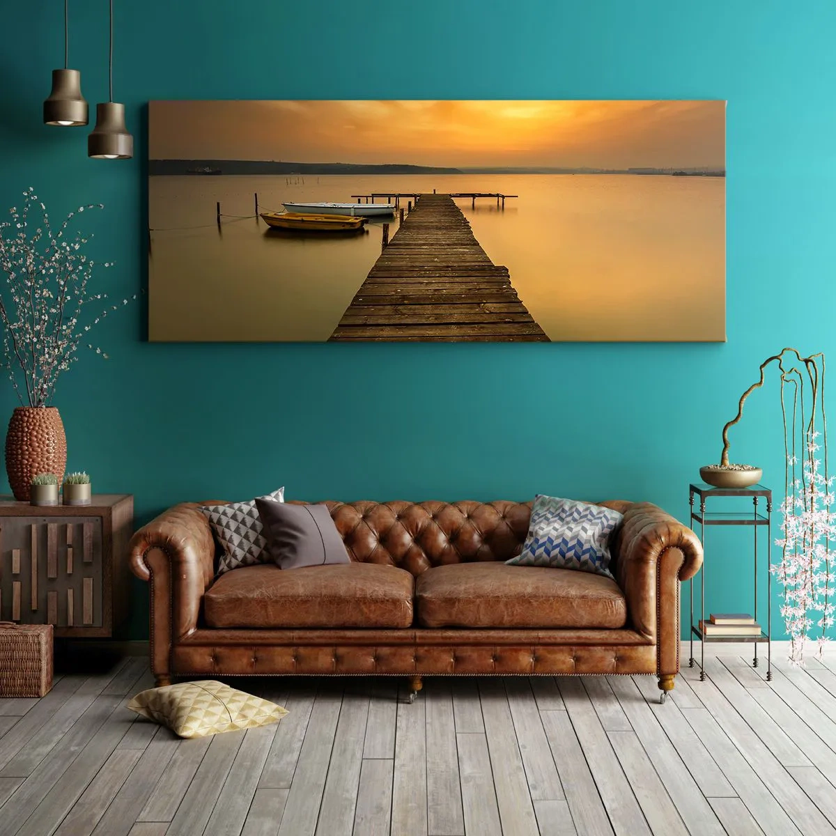 Impression sur toile - Image sur toile - Jetée en bois et bateaux sur le lac au coucher du soleil - 120x50cm - Je t'ouvrirai le ciel d'or - Décoration murale moderne pour le salon et la chambre ARTTOR