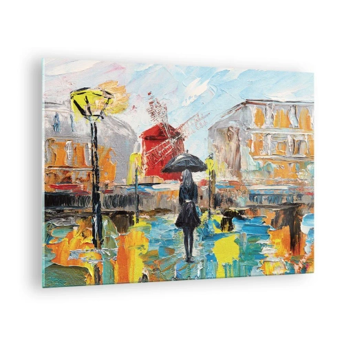 Impression sur verre - Image sur verre - Une femme avec un parapluie sur fond de ville dans le style de l'impressionnisme - 70x50cm - Légende parisienne - Décoration murale moderne pour le salon et la chambre ARTTOR