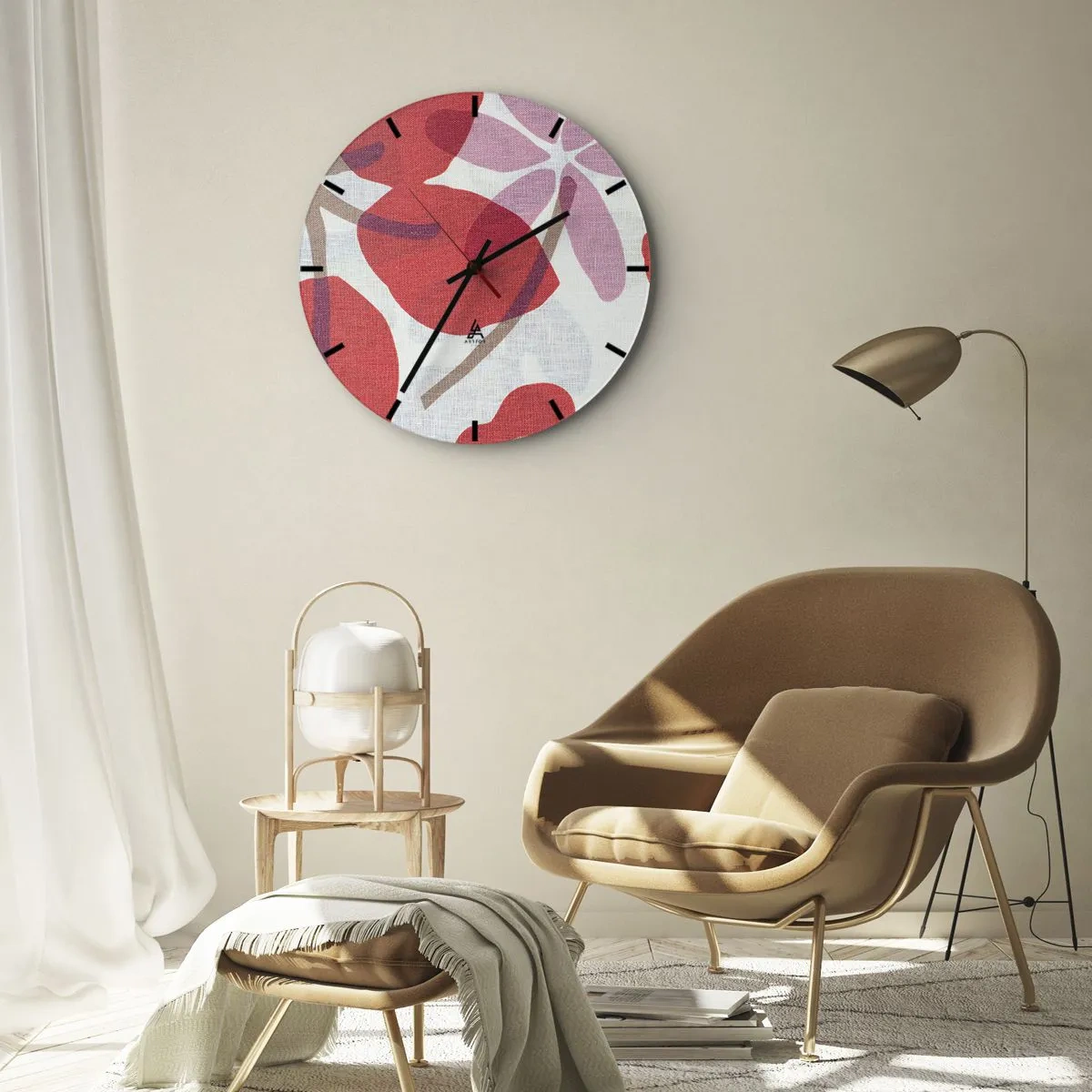 Horloge murale - Pendule murale - Feuilles roses et rouges sur fond blanc avec une texture en lin - 30x30cm - Composition florale dans les roses - Décoration murale moderne pour le salon, la cuisine et la chambre ARTTOR