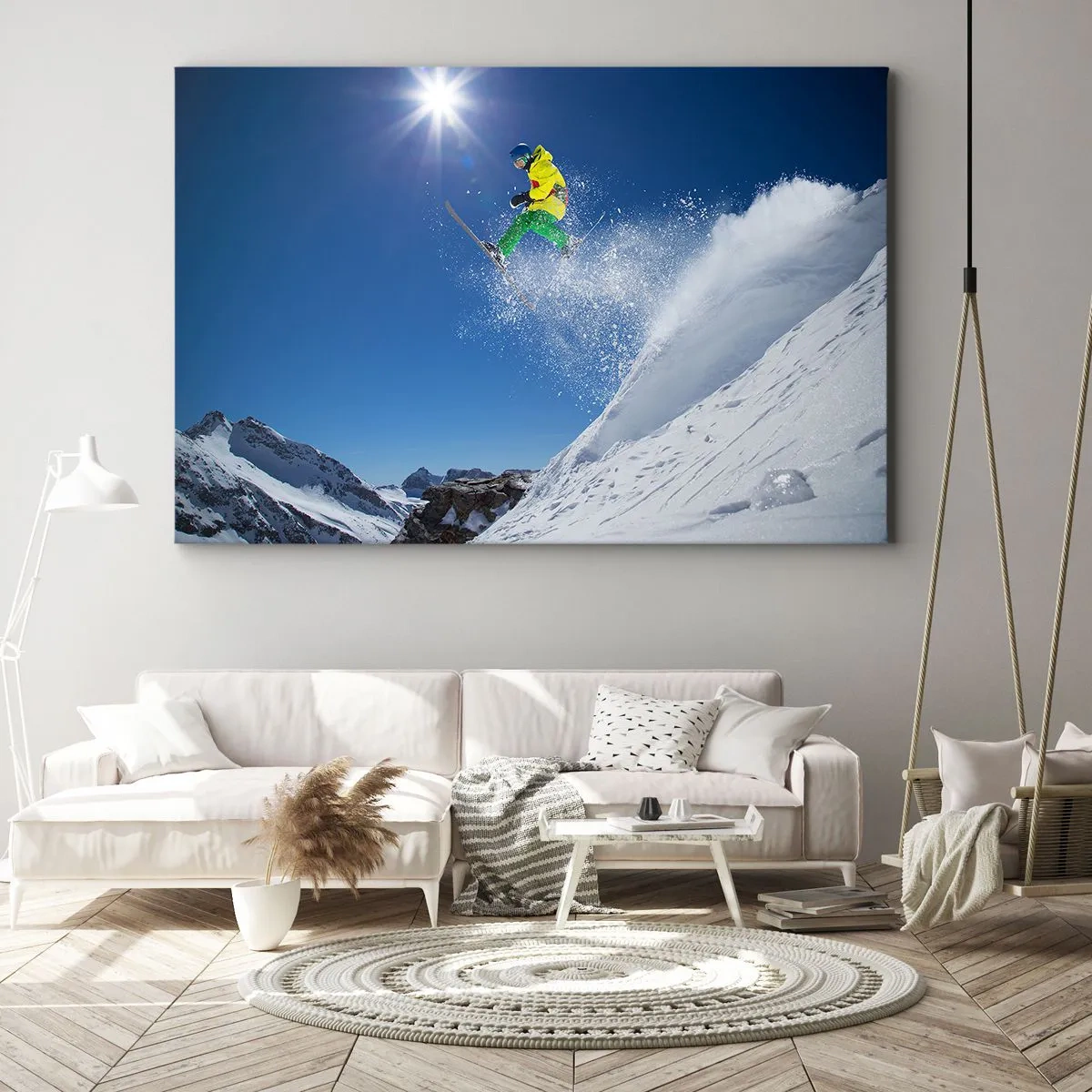 Impression sur toile - Image sur toile - Skieur dans les airs avec des montagnes en arrière-plan - 120x80cm - Danse avec les montagnes - Décoration murale moderne pour le salon et la chambre ARTTOR