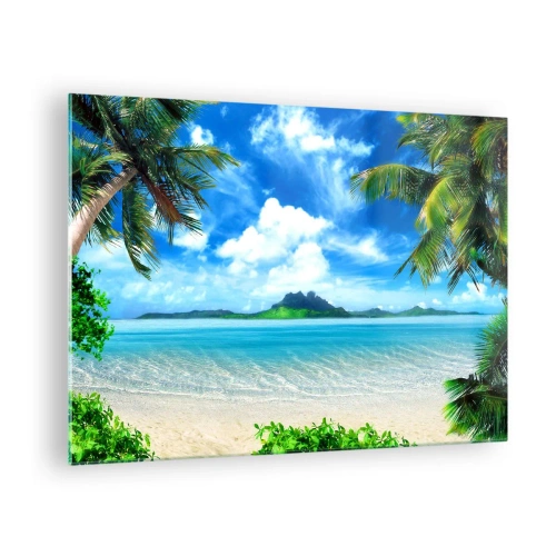 Impression sur verre - Image sur verre - Une plage tropicale avec des palmiers et une vue sur une île montagneuse - 70x50cm - L'azur des tropiques - Décoration murale moderne pour le salon et la chambre ARTTOR