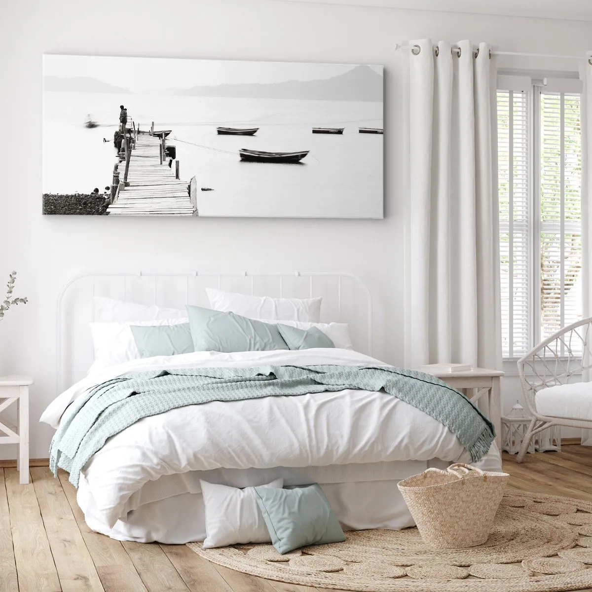 Impression sur toile - Image sur toile - Jetée en bois et bateaux sur une eau calme - 160x50cm - Calme et propre au bord de l'eau - Décoration murale moderne pour le salon et la chambre ARTTOR