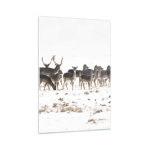 Impression sur verre - Image sur verre - Un troupeau de cerfs sur fond de neige - 70x100cm - Les fêtes approchent ? - Décoration murale moderne pour le salon et la chambre ARTTOR