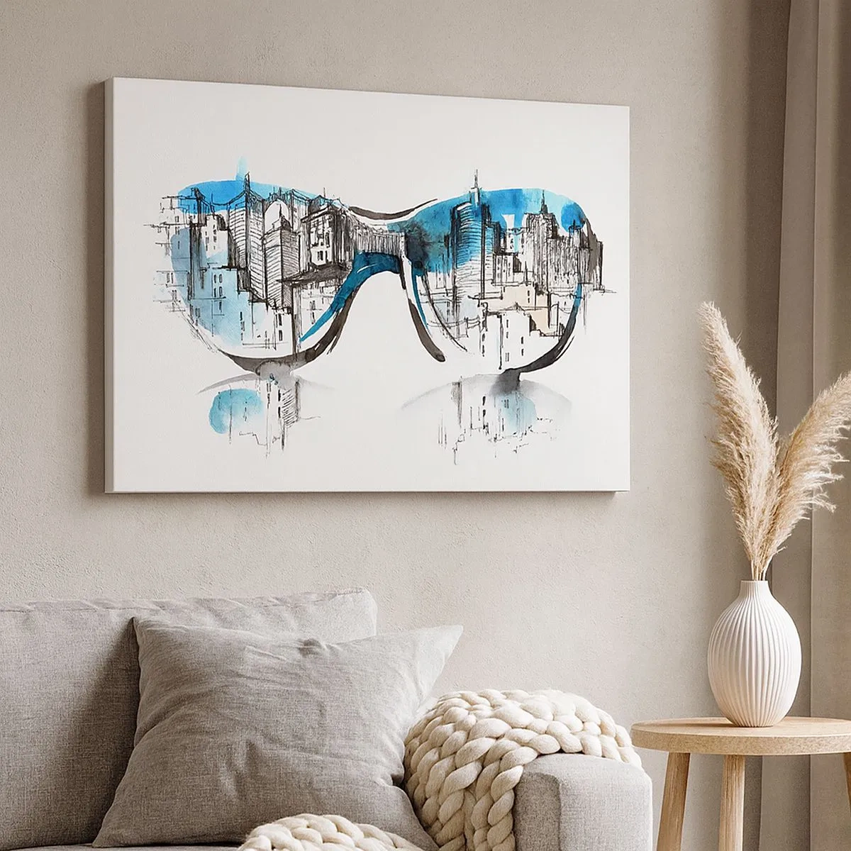 Impression sur toile - Image sur toile - Aquarelle du panorama de la ville reflété dans les verres - 70x50cm - Le chic des grandes villes - Décoration murale moderne pour le salon et la chambre ARTTOR
