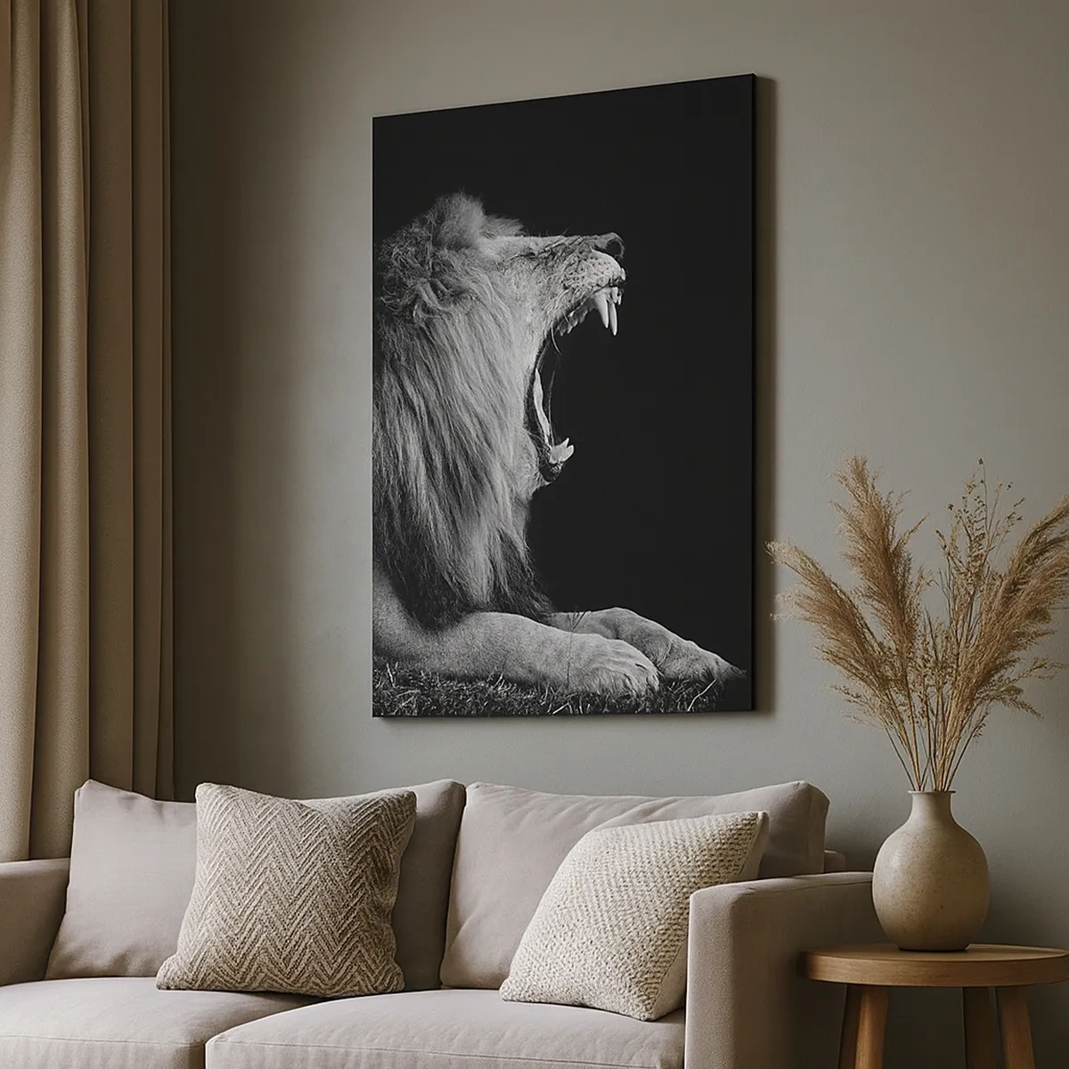 Impression sur toile - Image sur toile - Un lion rugissant sur fond noir dans des tons noir et blanc - 50x70cm - Sans aucun doute - Décoration murale moderne pour le salon et la chambre ARTTOR