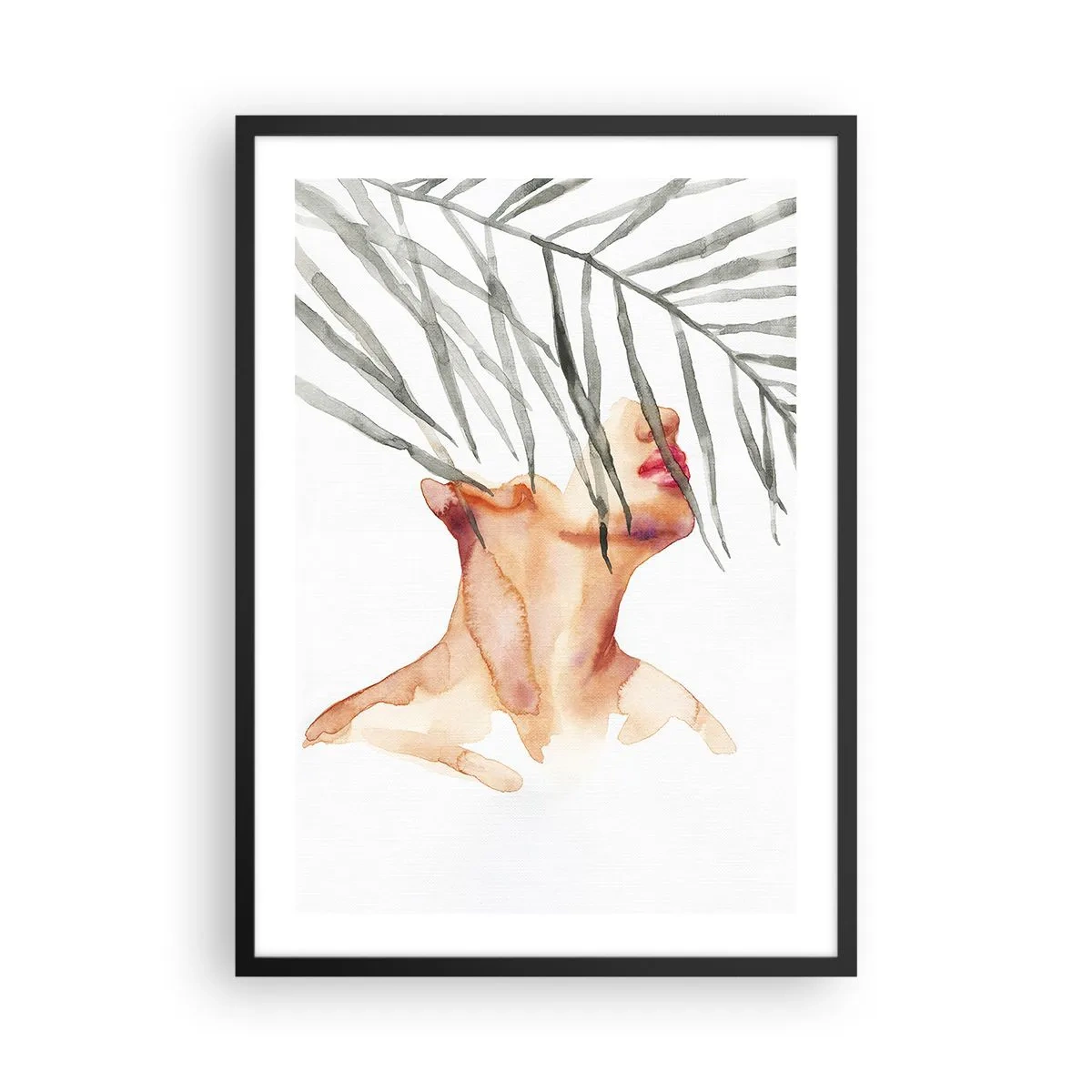 Affiche dans un cadre noir - Poster - Femme à l'aquarelle avec des feuilles de palmier couvrant son visage - 50x70cm - Sentez le pouls des tropiques - Décoration murale moderne pour le salon et la chambre ARTTOR