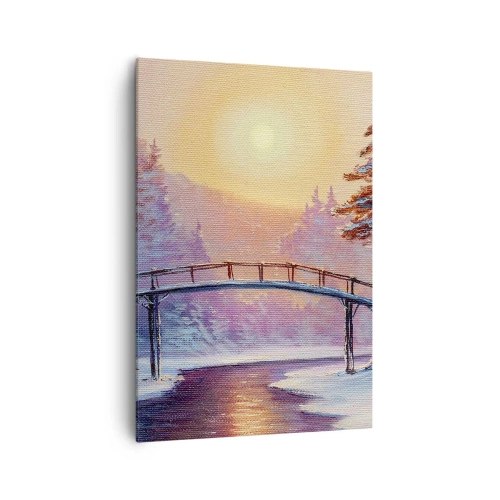 Impression sur toile - Image sur toile - Paysage d'hiver avec un pont illuminé par le coucher du soleil - 70x100cm - Quatre saisons - hiver - Décoration murale moderne pour le salon et la chambre ARTTOR