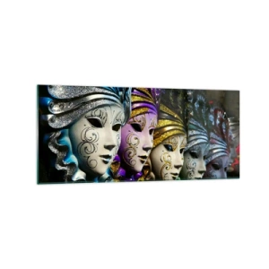 Impression sur verre - Image sur verre - Masques vénitiens de différentes couleurs avec des motifs décoratifs - 120x50cm - Mystère en or et argent - Décoration murale moderne pour le salon et la chambre ARTTOR