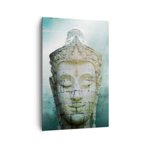 Impression sur toile - Image sur toile - Statue de Bouddha avec une douce brume sur un fond vert - 80x120cm - A la recherche de la lumière - Décoration murale moderne pour le salon et la chambre ARTTOR