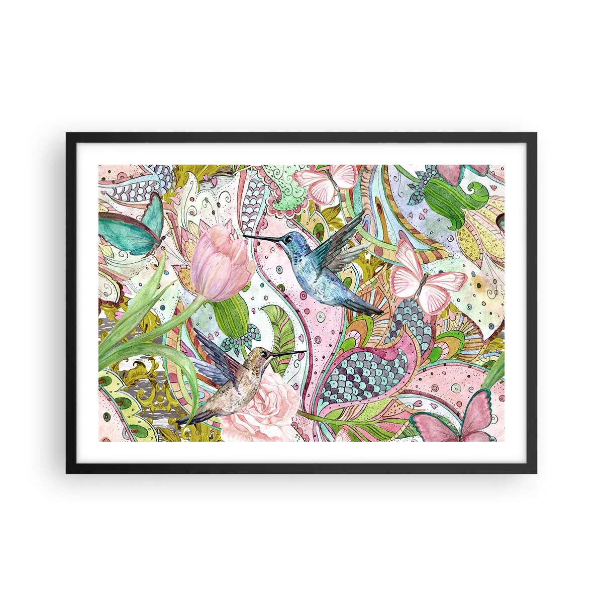 Affiche dans un cadre noir - Poster - Colibris et papillons colorés parmi les plantes - 70x50cm - Empêtré dans les vignes - Décoration murale moderne pour le salon et la chambre ARTTOR
