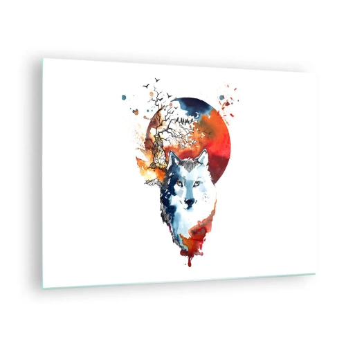 Impression sur verre - Image sur verre - Illustration d'un loup avec une pleine lune en arrière-plan - 70x50cm - Nez à nez avec la nuit - Décoration murale moderne pour le salon et la chambre ARTTOR
