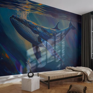 Papier Peint Photo Premium Sand - Une baleine nageant sous la surface de l'eau dans la lumière et les couleurs de l'océan - 100x70cm - Bienvenue dans mon monde - Décoration murale moderne pour le salon et la chambre ARTTOR