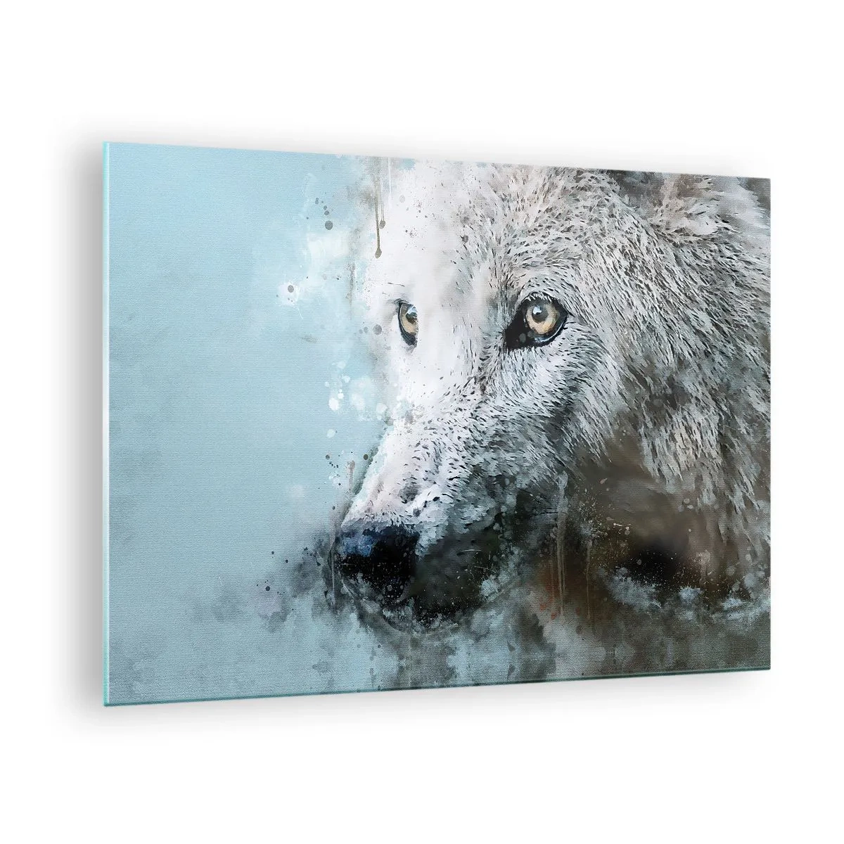 Impression sur verre - Image sur verre - Portrait de loup aux accents artistiques et flous dans des tons de bleu - 70x50cm - Rencontrez l'âme du loup - Décoration murale moderne pour le salon et la chambre ARTTOR