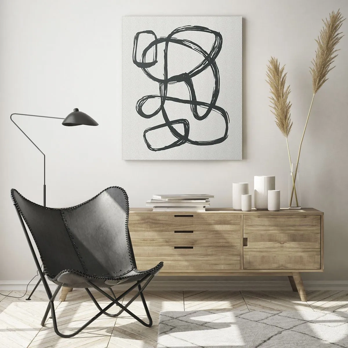 Impression sur verre - Image sur verre - Lignes abstraites créant des formes libres sur un fond clair - 70x100cm - Abstraction en boucle - Décoration murale moderne pour le salon et la chambre ARTTOR