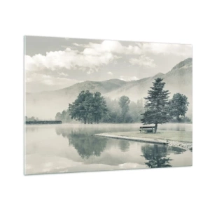 Impression sur verre - Image sur verre - Un lac calme le matin avec un banc et du brouillard sur l'eau - 100x70cm - Le lac dort encore - Décoration murale moderne pour le salon et la chambre ARTTOR