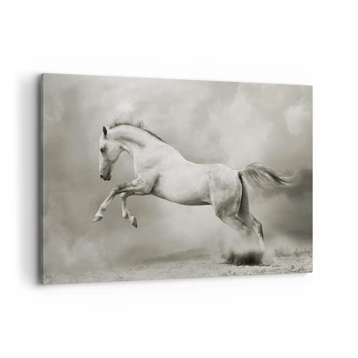 Impression sur toile - Image sur toile - Un cheval blanc dans un saut dynamique sur fond de nuages brumeux. - 120x80cm - Entre le réveil et le sommeil - Décoration murale moderne pour le salon et la chambre ARTTOR