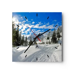 Horloge murale - Pendule murale - Paysage de montagne hivernal avec une forêt et un chemin dans la neige - 30x30cm - Dans la neige et au soleil - Décoration murale moderne pour le salon et la chambre ARTTOR