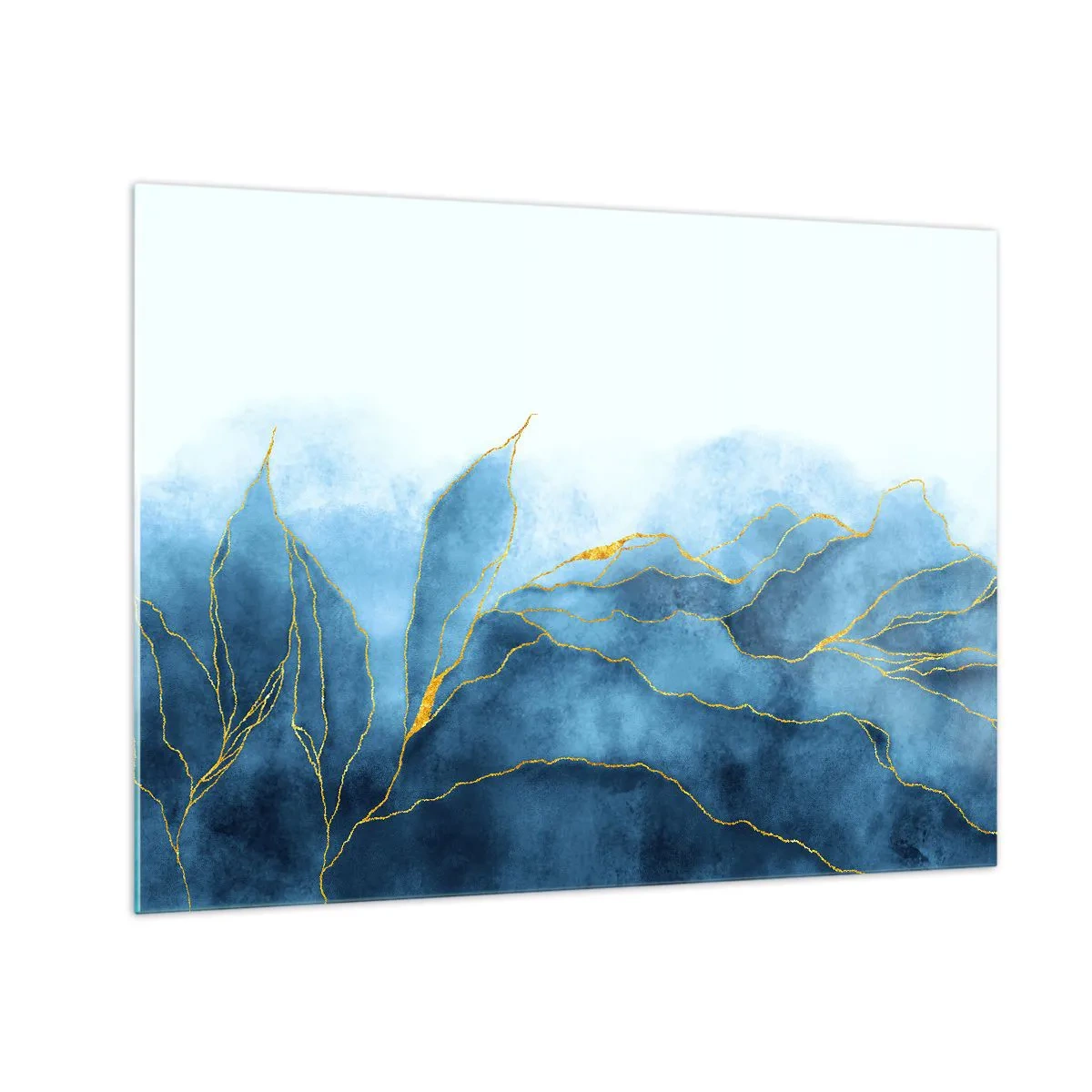 Impression sur verre - Image sur verre - Formes bleues abstraites avec de délicates lignes dorées. - 70x50cm - Bleu doré - Décoration murale moderne pour le salon et la chambre ARTTOR