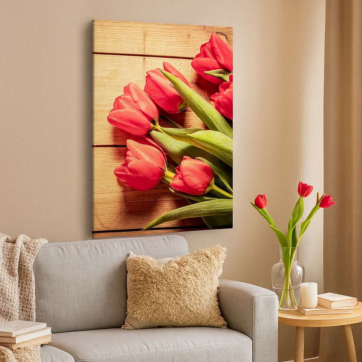 Impression sur toile - Image sur toile - Un bouquet de tulipes roses sur un fond en bois - 50x70cm - Défi du printemps - Décoration murale moderne pour le salon et la chambre ARTTOR
