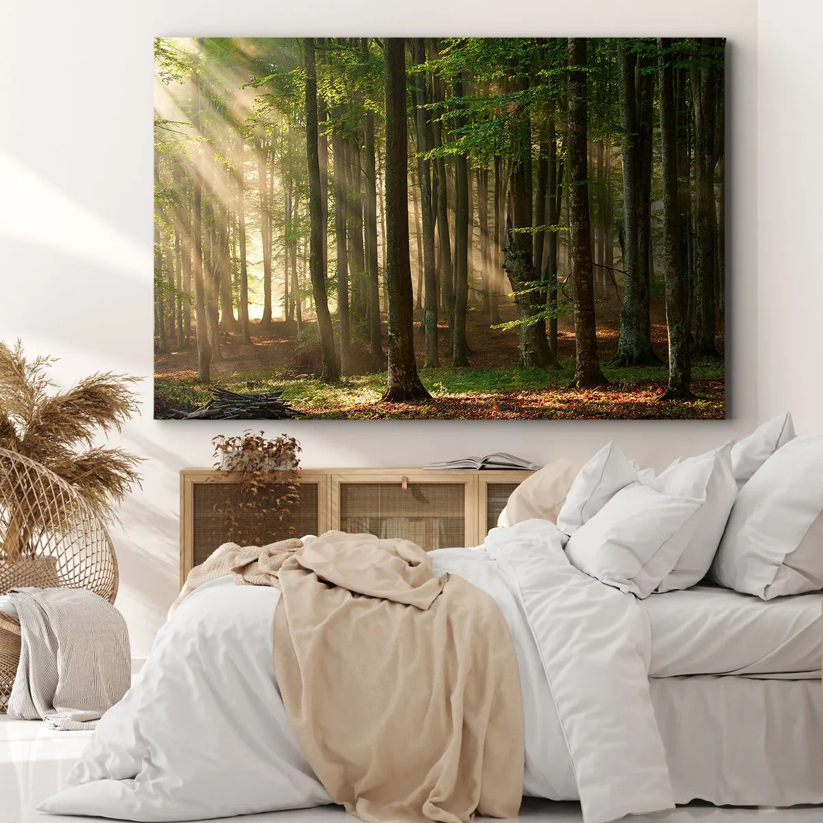 Impression sur toile - Image sur toile - Les rayons du soleil pénètrent à travers les arbres de la forêt - 70x50cm - Rayon d'un matin de printemps - Décoration murale moderne pour le salon et la chambre ARTTOR