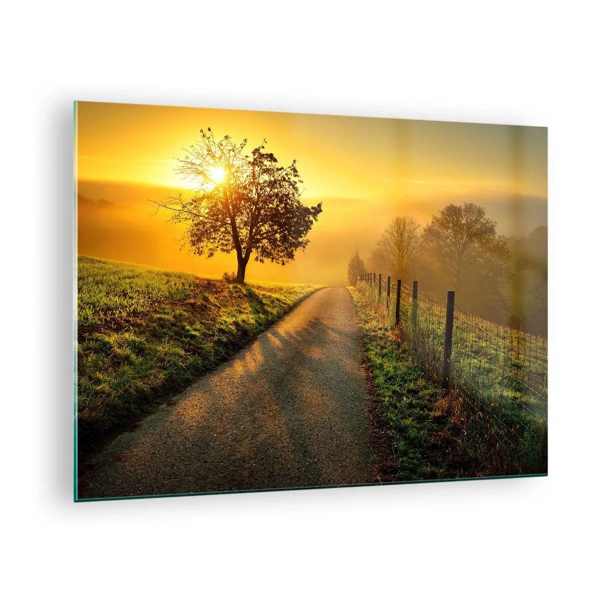 Impression sur verre - Image sur verre - Une route à travers un paysage rural au coucher du soleil - 70x50cm - Après-midi de miel - Décoration murale moderne pour le salon et la chambre ARTTOR