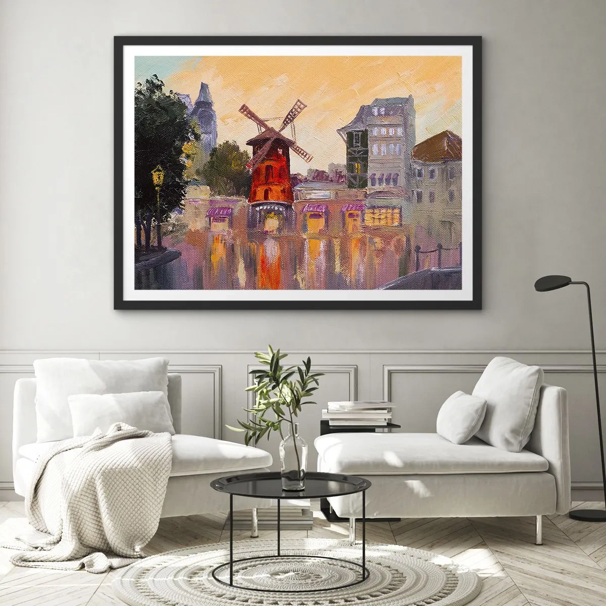 Affiche dans un cadre noir - Poster - Le moulin à vent rouge du Moulin Rouge entouré par le paysage urbain - 70x50cm - Icones parisiennes – le Moulin rouge - Décoration murale moderne pour le salon et la chambre ARTTOR