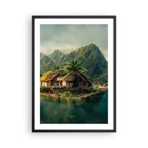 Affiche dans un cadre noir - Poster - Chalet tropical avec montagnes et lac en arrière-plan - 50x70cm - Paradis tropical - Décoration murale moderne pour le salon et la chambre ARTTOR