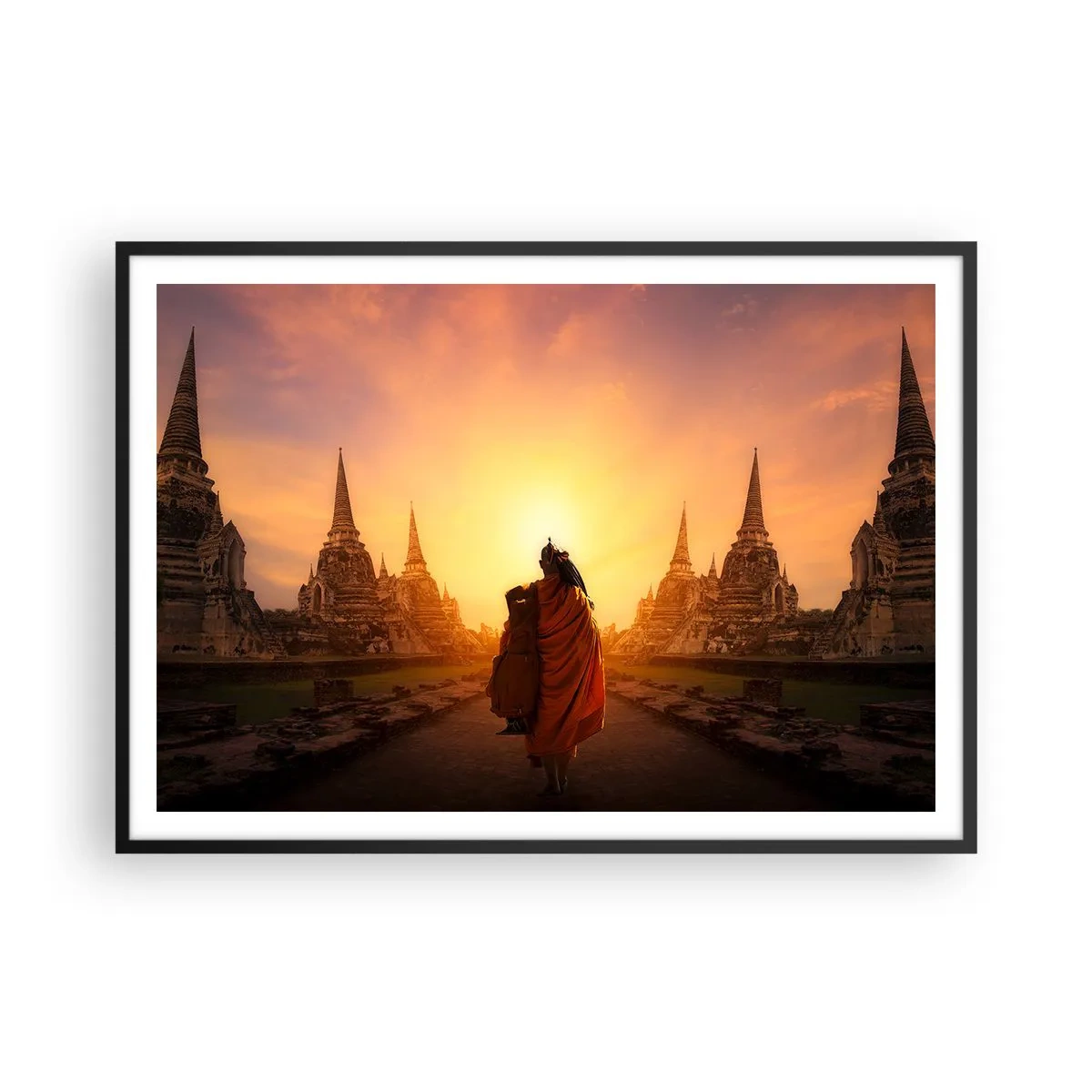 Affiche dans un cadre noir - Poster - Un moine parmi les temples au coucher du soleil - 100x70cm - En paix pour l'éternité - Décoration murale moderne pour le salon et la chambre ARTTOR