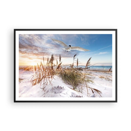 Affiche dans un cadre noir - Poster - Plage avec des mouettes volant au coucher du soleil - 100x70cm - Vent de mer - Décoration murale moderne pour le salon et la chambre ARTTOR