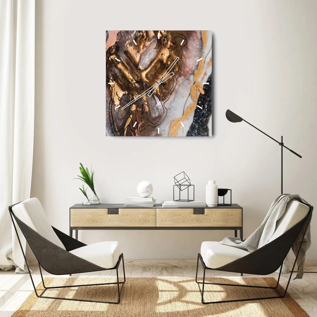 Horloge murale - Pendule murale - Composition abstraite avec des éléments d'or et de cristaux - 30x30cm - Élément de la terre - Décoration murale moderne pour le salon et la chambre ARTTOR