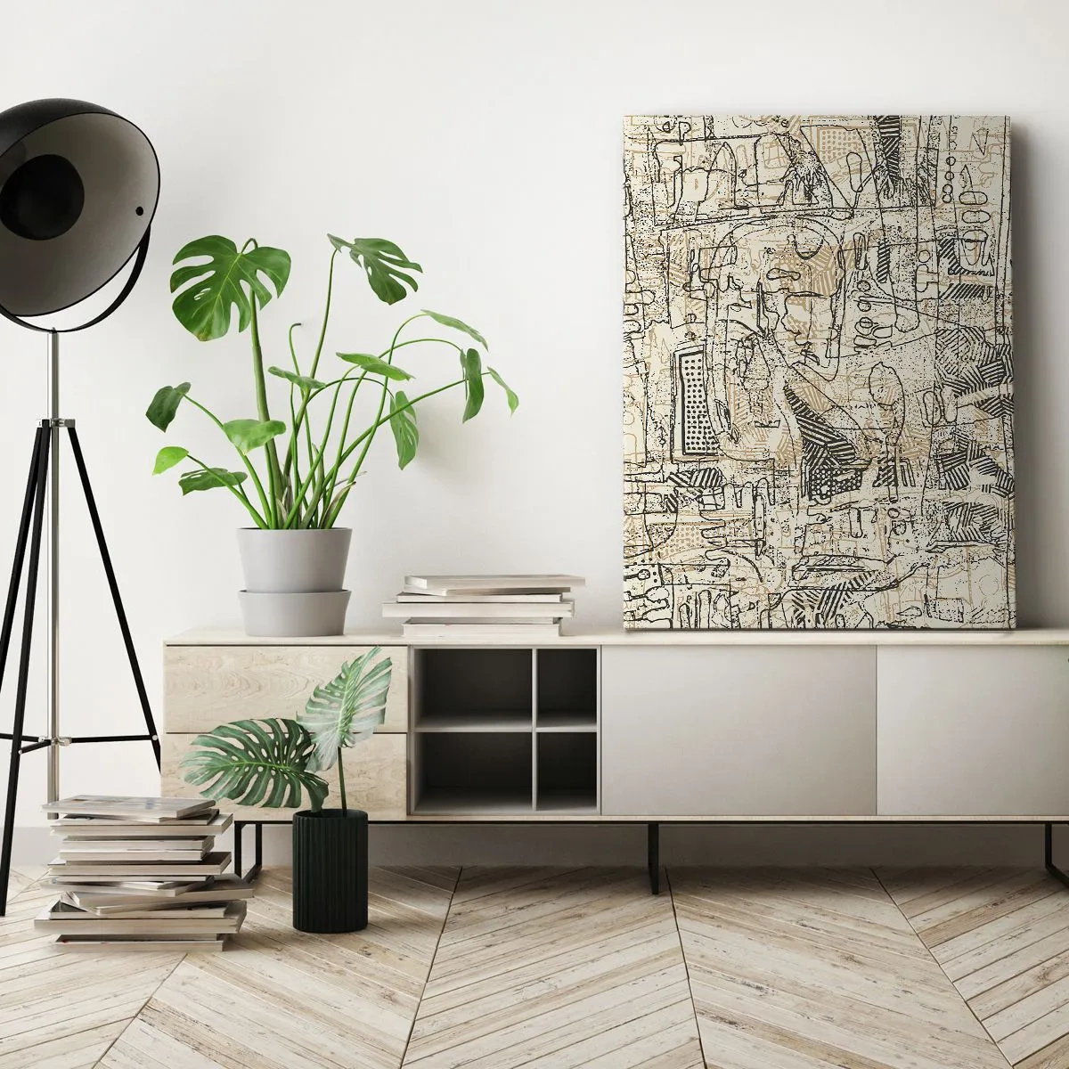 Impression sur toile - Image sur toile - Motifs abstraits et lignes sur fond beige - 50x70cm - Il attend d'être décodé - Décoration murale moderne pour le salon et la chambre ARTTOR