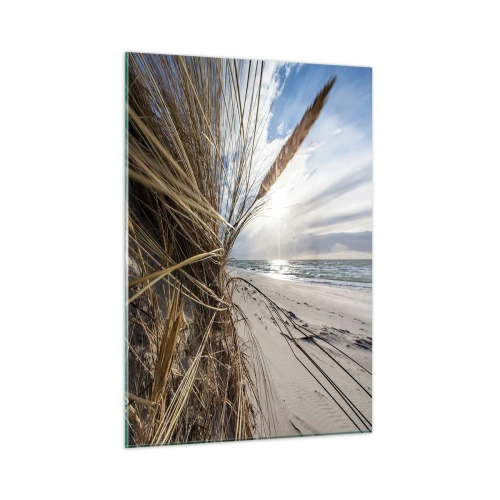 Impression sur verre - Image sur verre - Herbe dorée sur fond de plage de sable et de mer - 50x70cm - Rencontre des éléments - Décoration murale moderne pour le salon et la chambre ARTTOR