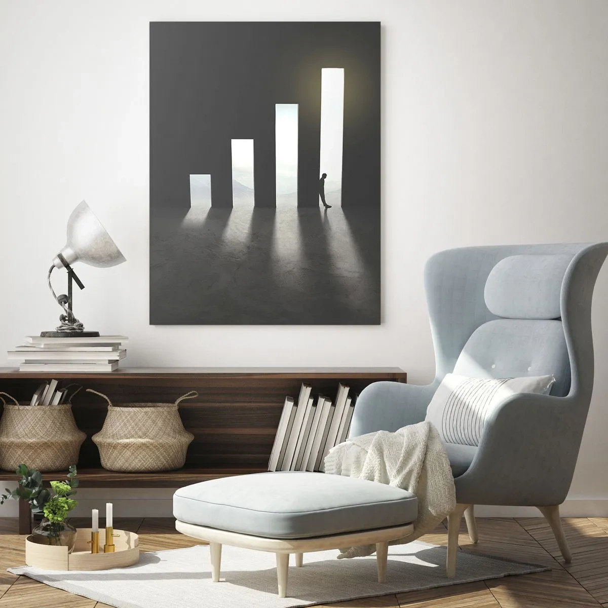 Impression sur verre - Image sur verre - Croissance symbolique sous forme de passages éclairés par la lumière - 80x120cm - Succès – impression - Décoration murale moderne pour le salon et la chambre ARTTOR