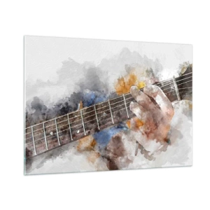 Impression sur verre - Image sur verre - Motif aquarelle d'une main jouant de la guitare - 100x70cm - La poésie entre les cordes - Décoration murale moderne pour le salon et la chambre ARTTOR