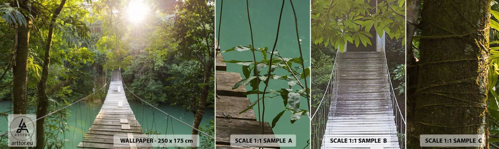 Échantillon de Papier Peint Autocollant Deluxe Sticker - De l'eau azur à la forêt azur - Paysage, Jungle, Pont de bois - 100x30 cm