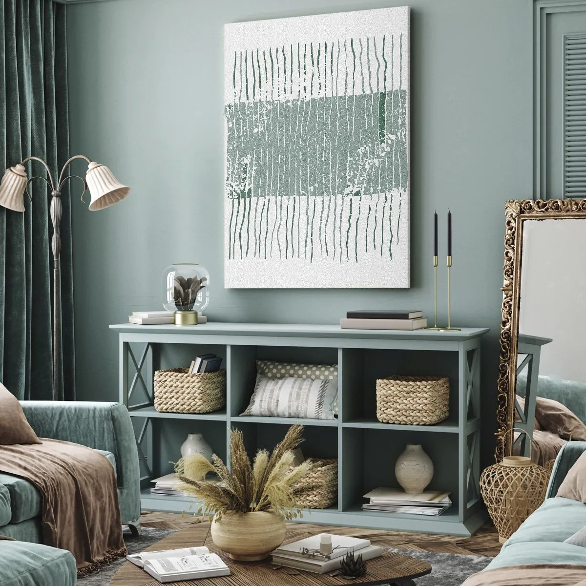 Impression sur toile - Image sur toile - Motif géométrique dans les tons vert mer et blanc - 70x100cm - Abstraction de la mer - Décoration murale moderne pour le salon et la chambre ARTTOR