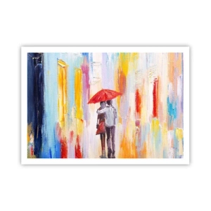 Affiche - Poster - Un couple sous un parapluie rouge avec des bâtiments colorés en arrière-plan. - 100x70cm - Qu'il pleuve encore - Décoration murale moderne pour le salon et la chambre ARTTOR