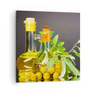 Impression sur toile - Image sur toile - Nature morte aux olives et à l'huile d'olive - 50x50 cm