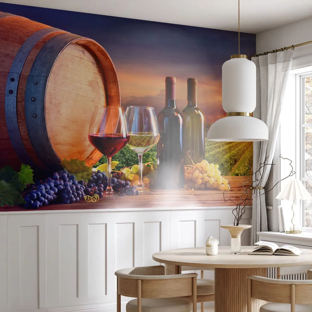 Papier Peint Photo Premium Canvas - Ici la vie a du goût - Vignoble, Tonneau de vin, Raisin - 400x280 cm